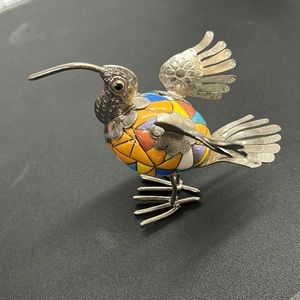 Enameled silver ceramic boho art bird